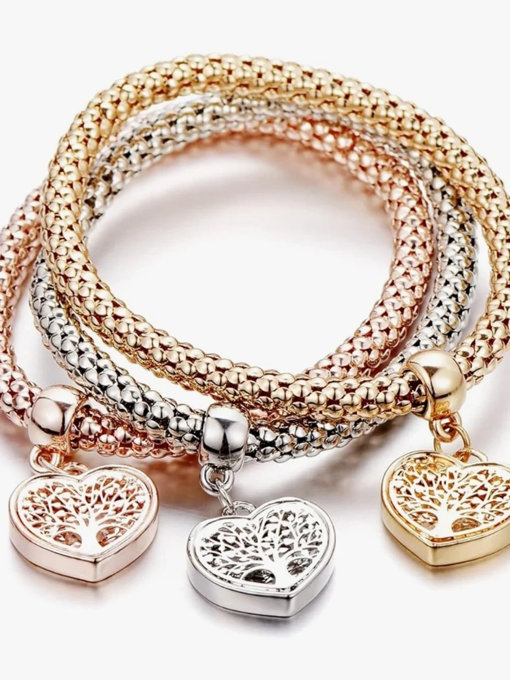 Anthropologie Three-Tone Heart Tree Charm Bracelet — Gold, Silver & Rose Gold